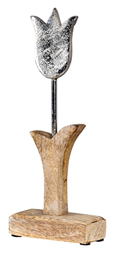 levandeo Tulpe Aufsteller H27cm Mango Metall Holz Braun Silber Tischdeko Blume Frühling Deko Figur Wohndeko