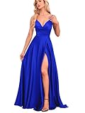 IIF Spaghetti Strap Bridesmaid Dresses V Neck Satin Long Prom Dress with Slit Formal Party Evening Gowns Royal Blue US Size 8 IIF023