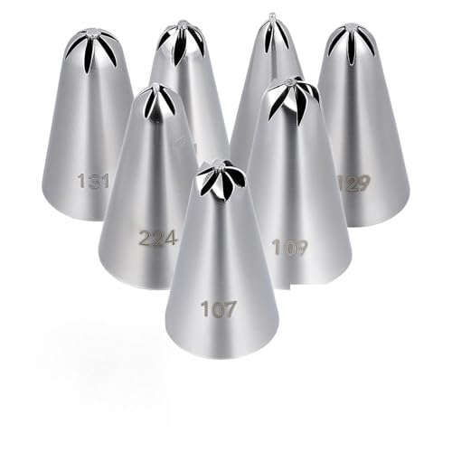 7 Pcs Drop Flower Piping Tips Set 107 109 129 131 191 224 225 Stainless Steel Icing Tip for Swirl Rosette Cake Cookie Decorating Floral Patterns