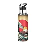 Vnurnrn Stainless Steel Water Bottle Insulated (Japan Style Wave), BPA Free Straw Lid Sports Water B