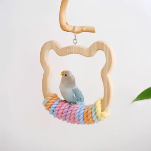 Image of Gradient Large Wooden Bird Swing with Colorful Cotton Rope for Bird Cages - Natural Hanging Toy for Medium-Large Birds Like Parrots Macaws Cockatoos African Greys