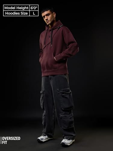 Image of The Souled Store Spiderman: Spider Power Men and Boys Full Sleeves Hooded Neck Maroon Embroidered Cotton Blend Oversized Fit Winter Wear Pullover Hoodie