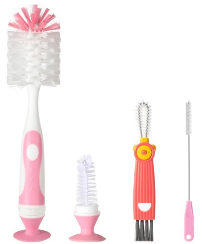 Image of Ariseno 4-in-1 Baby Bottle Brush Set, Including Nylon Bottle Brush, Cap, Straw, Nipple Brushes, BPA-Free (Pink)