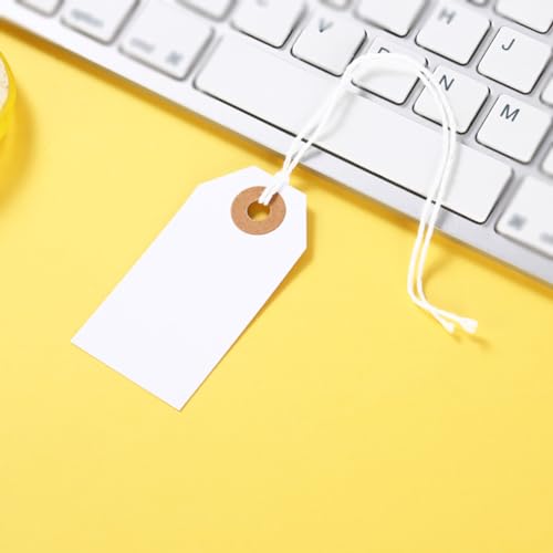 100 Pcs White Blank Tags Paper Hanging Tags Price Hang Tags Inventory Hang Tags Labels Reinforced Eyelet Lables Display Shipping Tags with Elastic String Attached Small