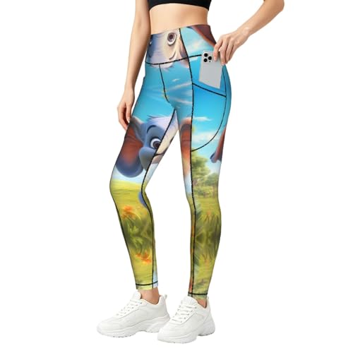 Pantalones de yoga con bolsillos y estampado animado de cintura alta suave