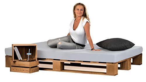 sunnypillow Palettenbett aus Holz Holzbett 200x200 cm Eiche Massivholzbett...