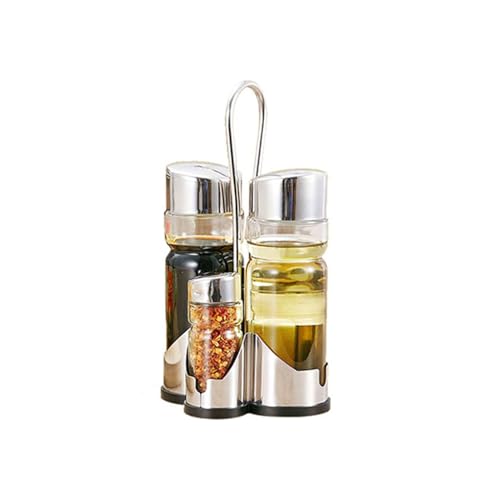 Sonew Ensemble de Distributeur D'huile et de Vinaigre, Kit de Boucles de Poivre de Sel de Bouteille de Saveur 4-en-1 avec Support en Acier Inoxydable pour la Cuisine