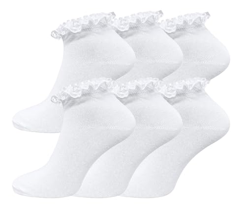 Bonjour - 6 Pairs Ladies Girls Frilly Ankle Socks With Lace Trim Trainer Liner Socks for Women UK 4-8