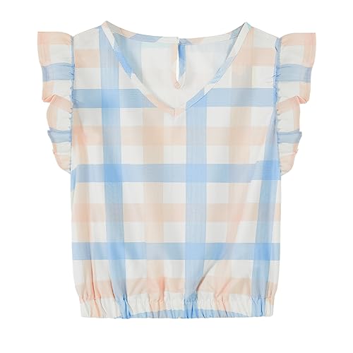Meilidress Kids Girl's V Neck Ruffle Sleeve Tops Plaid T-Shirt Blouse Pullover 5-12 Years Blue #TOP4