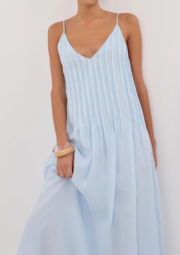 Image of Anoumcy Summer Pleated Maxi Dresses for Women 2026 Spaghetti Strap V Neck Vacation Beach Long Flowy Boho Sundress