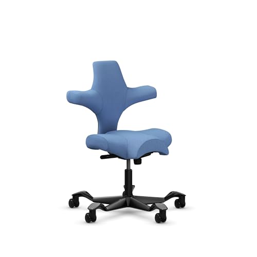 Image of HAG Capisco Standard Chair-Black Frame-Upholstered Light Blue Washed