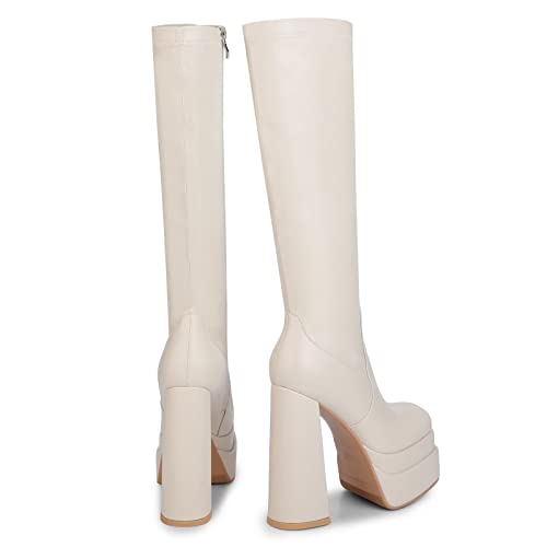 Wetkiss Beige Stacked Platform Knee High Boots Women, Chunky High Heeled Pu Leather Boots Square Toe Side Zip Stretch Gogo Boots #TOP2