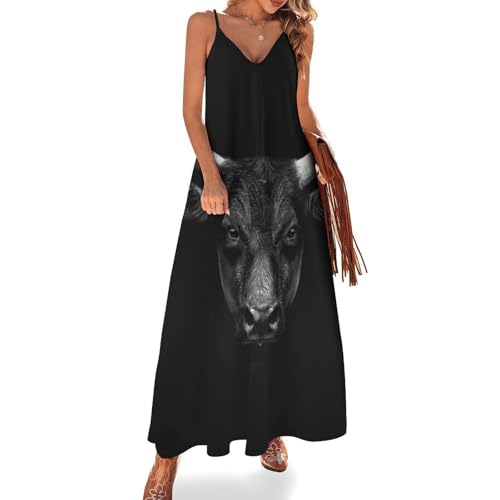 Robe maxi sans manches imprimé tête de taureau noire pour garde-robe d'été et plage