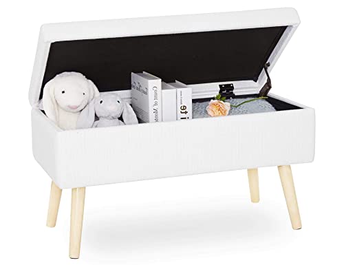 JRAO Ottoman Pouf Coussin Banquette Coffre de Stockage Repose-Pieds en Bois Massif Tabouret avec Couvercle Banc de Rangement en Lin pour Couloir Chambre Coiffeuse Salon Blanc