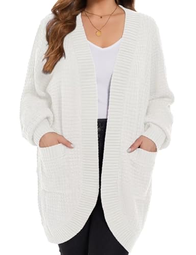 Image of MONNURO Womens Plus Size Open Front Cardigan Waffle Knit Long Sleeve Sweaters Tops Fall Coat Outerwear with Pockets