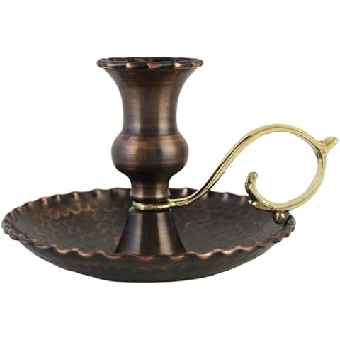 DEDE Copper - CH Series - Turkish Hand-Crafted Copper Candlestick Holder, Hammered Copper Chamber Candle Holder with Cast Handle, 5.5 Inch Dia Round Candle Holder Fits Tapered Candle (Antique Copper) Cover
