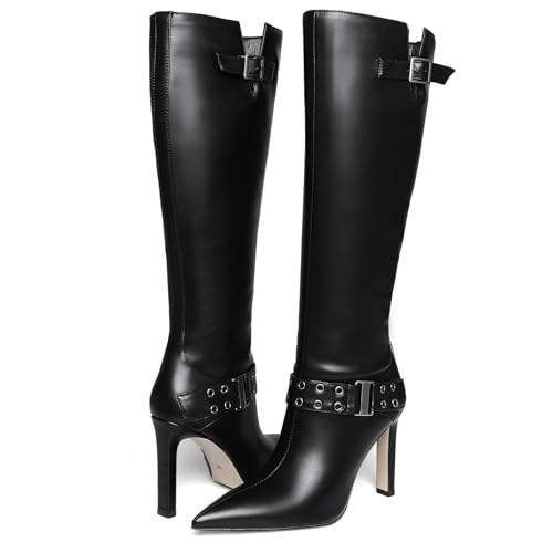 Uacllcau Knee High Boots Women Pointed Toe Tall Boots Sexy Stiletto High Heels Long Boots Fashion Trendy Buckle Dress Boots Slouch Zipper Heeled Boots