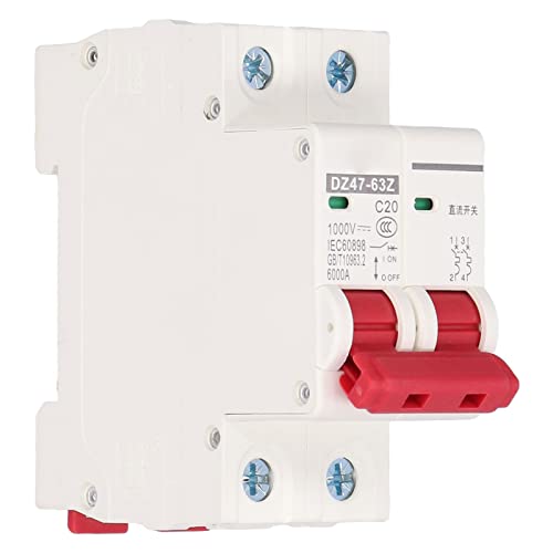 Disyuntor DC,1000V 20A,Interruptor de Circuito Fotovoltaico de 2P,Interruptor Automático Magnetotérmico,para Sistema de Energía Solar ySistema de Comunicación,Montaje en Carril DIN de 35mm