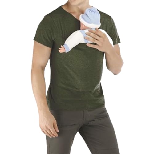 Image of Mens Baby Carrier Shirt For Dad Pouch Soothe Pocket For Baby Kangaroo Shirt For Dad V Neck Short Sleeve T-Shirt(Green,Large)