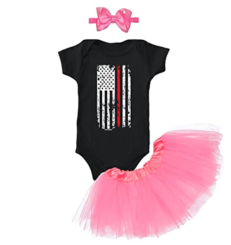 Image of Haase Unlimited Red Line American Flag - Support Firefighters Baby Bodysuit + Tutu Skirt + Bow Headband Set