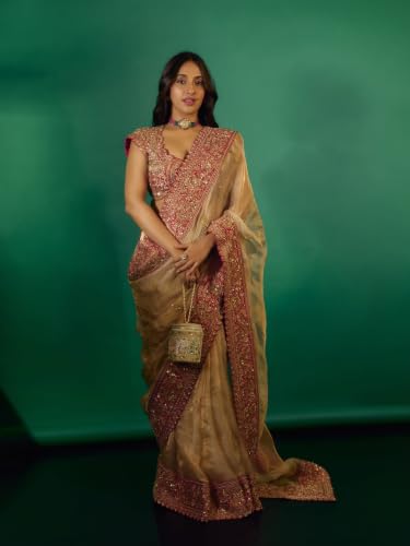 Image of Designer Organza Silk Saree for Women | Elegant Sequins & Thread Work Saree with Unstitched Blouse | Wedding Saree Collection