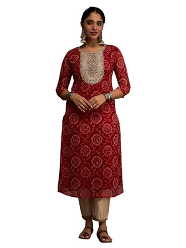 Image of INDO ERA Women's Georgette Leheriya Printed Straight Calf Length Kurtas (IEAI12232)