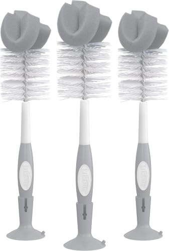 Image of Dr. Brown's Reusable Sponge Baby Bottle Cleaning Brush Set with Suction Cup Stand,Scrubber and Nipple Cleaner,Gray,(Pack of 18)