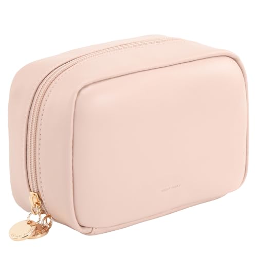 RIGHT AWAY Small Makeup Bag for Purse,Cosmetic Bag Organizer for Women,Waterproof PU Leather Make Up Pouch Toiletry Bag with Pockets,Portable Makeup Case for Travel Accessories&Accessories(Pink)