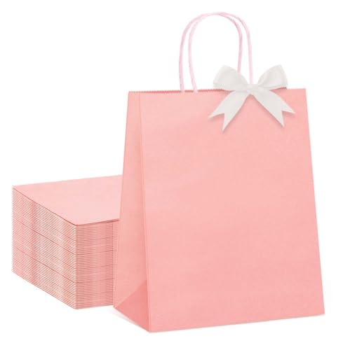 Switory 50 Pcs Gift Bags with Ribbon, Pink Paper Bags with Twist Handles, Kraft Party Bags for Valentines, Kids Party, Birthday, Weddings, Baby Shower, Festival, Retail (15x8x21 cm)