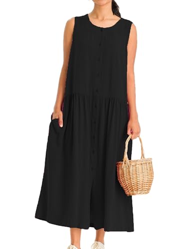 Image of Bozanly Summer Sleeveless Maxi Dress for Women Button Down Midi Dresses with Pockets Solid Color Loose Flowy Beach Dress 2025