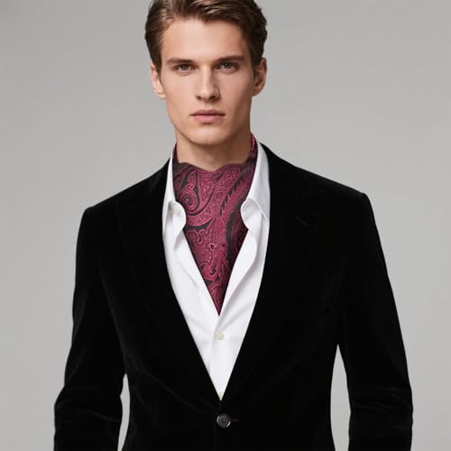 Image of Hi-Tie Silk Ascot for Men Self Tie Men's Cravat and Flower Lapel Pin Handkerchief Cufflinks Set for Wedding Party