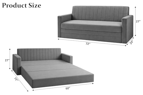 Image of Modern Velvet 3-Seater Sofa Cum Bed with Armrest, Convertible Sleeper Couch Sofa for Living Room, Bedroom - Grey Color