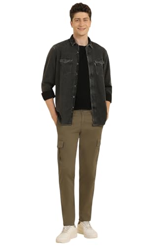 Image of Allen Solly Men's Solid Cargo Pants | Regular Fit | Multi-Pocket Design | Travel & Outdoor Wear