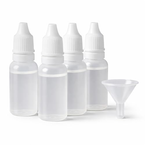 Adkoat 5PCS - 4 Plastic Dropper Bottles with 1 Funnel - 15ml / 0.5oz Empty Refillable Squeeze Eye Liquid Bottle with Protective Cap - Leak-Proof BPA Free Small Travel Container for Saline Serums Oil