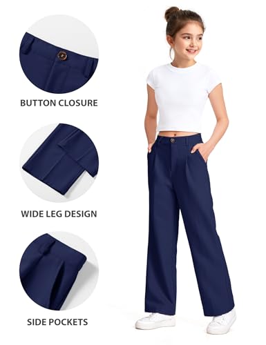 NUMYEAN Girls Dress Pants Wide Leg Uniform Pants for Girls Preppy Clothes Size 11-12 Years Navy