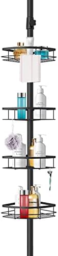 Rosefray Shower Shelf, Tension Shower Pole Corner Caddy, Shower Rack，Rustproof 304 Stainless Steel, 4 Tier Big Adjustable Baskets, Height Adjustable 3.7 to 9ft，Matte Black