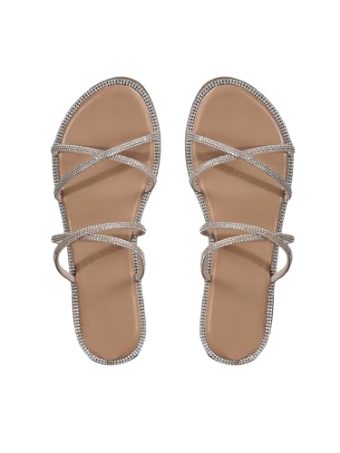 OYOANGLE Women's Rhinestone Flat Sandals Fashion Slides Open Toe Slide Casual Slippers