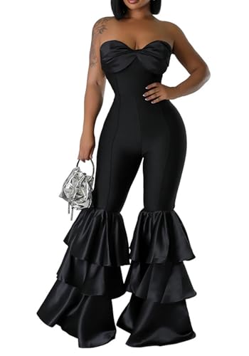 Ecirod Womens 2024 Summer Strapless Jumpsuits High Waisted Tiered Ruffle Flare Pants One Piece Tube Top Romper, Small, Black