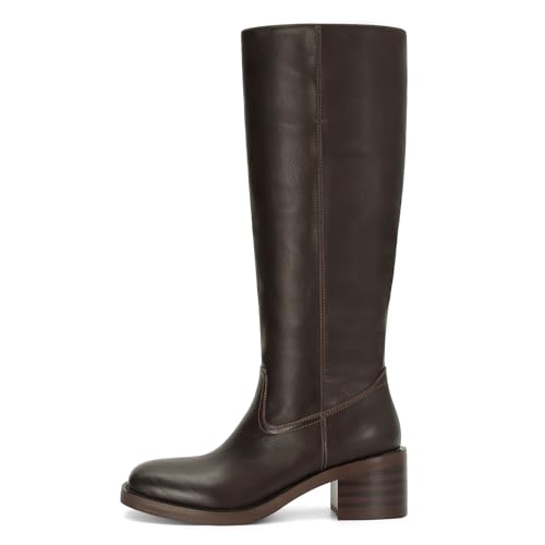 Image of DOEYG Women's Banana Knee High Boots Square Toe Chunky Block Heel Tall Boots Wide Calf Fashion Comfortable Casual Pull on Long Boots