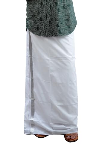 Malayali Fashion Men’s Dhoti/Mundu/Veshti – Pure Cotton Double Layer Mundu with 2" Kasavu/Jari Border (White Silver)