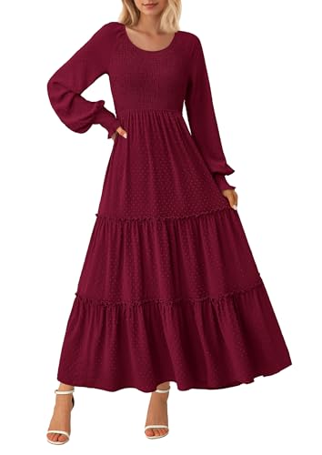 PRETTYGARDEN Women's Smocked Maxi Dress 2025 Fall Casual Long Sleeve Swiss Dot Ruffle Long Flowy Wedding Guest Dresses