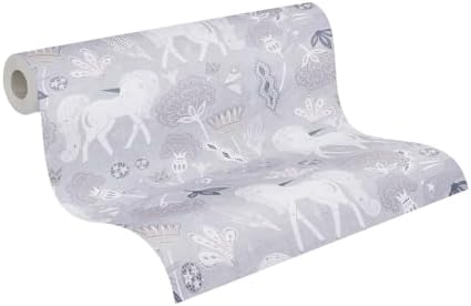 A.S. Création Lilly & Luis papel pintado no tejido con motivo para niños en gris, rosa, blanco – papel pintado unicornios 10,05 x 0,53 m – 771381
