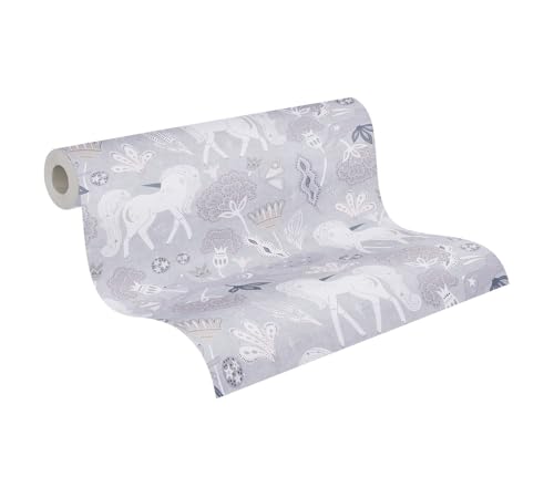 A.S. Création Kinderzimmer-Tapete Lilly & Luis - Strapazierfähige Vliestapete in Einhorn-Optik - 10,05 m x 0,53 m - Grau, Rosa, Weiß - Made in Germany – 771381