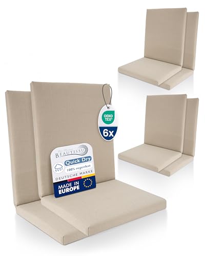 Beautissu 6er Set Premium Niedriglehner Auflage 100% Wasserdicht 100x50cm – UV-beständig Bequem Pflegeleicht Waschbar Sitzkissen Gartenstuhl – Polsterauflage Gartenmöbel Stuhlauflage Beige