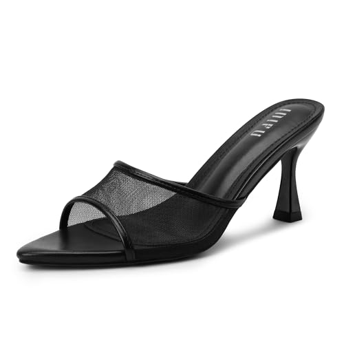 IDIFU IN3 Black Kitten Heels Mesh Pointed Toe Slip On Comfortable Slides Heeled Sandals Sexy Wedding Party Bridal Bride Dress Shoes Dressy Open Toe Mules Heels for Women(Black Pu, 8)