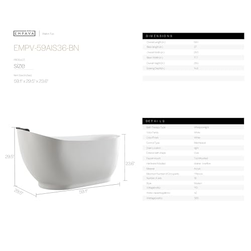 Empava Upgrade Acrylic Whirlpool Bathtub, 59 Inch Acrylic Freestanding Jetted Tub, Hydromassage Gracefully Oval Shaped with 16 Hydromassage Jets with Lumbar and Neck Support, Black Pillow by Empava - Image 9