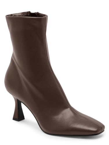 Coutgo Womens Kitten Heel Ankle Boots Square Toe Side Zipper Dressy Booties Fall Shoes, Dark Brown PU, Size 6