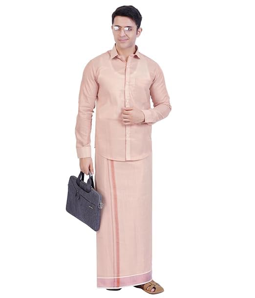 Image of Men's Traditional Indian Shirt and Dhoti Set, Full Sleeves Tissue Silk Cotton Shirt With Dhoti 2 metres for men