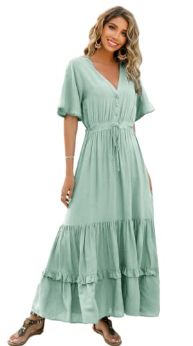 Image of R.Vivimos Womens Summer Cotton Short Sleeve V Neck Floral Print Casual Bohemian Midi Dresses