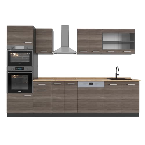 Vicco Küchenzeile R-Line, Edelgrau, 300 cm mit Hochschrank, AP Eiche, zur individuellen Kombination und Erweiterung geeignet